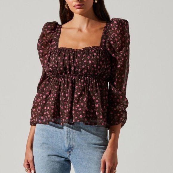 Astr Tops - ASTR The Label brown floral smocked long sleeve babydoll top